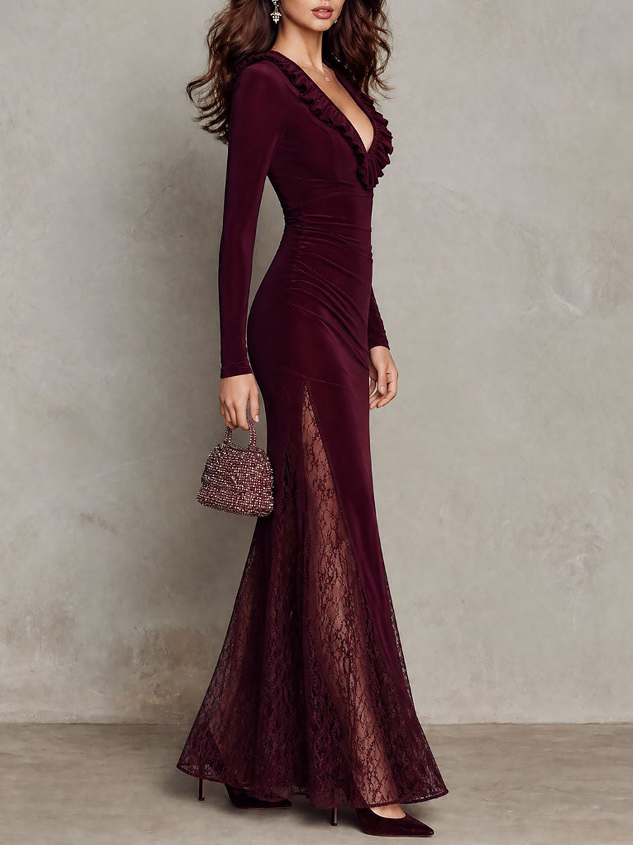 Elegant Ruffle V-Neck Long Sleeve Lace Panel Velvet Maxi Dress