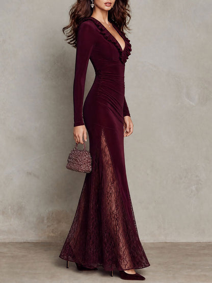 Elegant Ruffle V-Neck Long Sleeve Lace Panel Velvet Maxi Dress