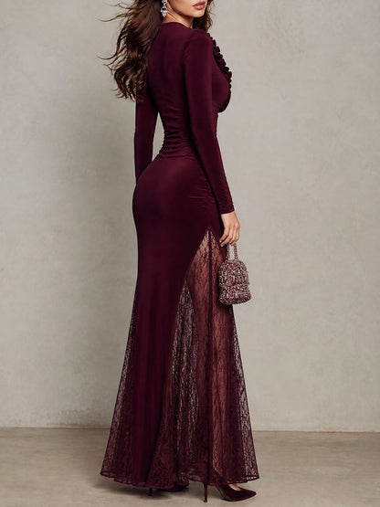 Elegant Ruffle V-Neck Long Sleeve Lace Panel Velvet Maxi Dress