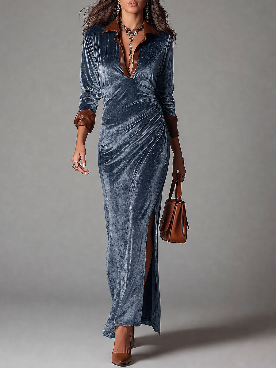 Elegant Velvet High Slit Maxi Dress With Eco-friendly PU Paneling