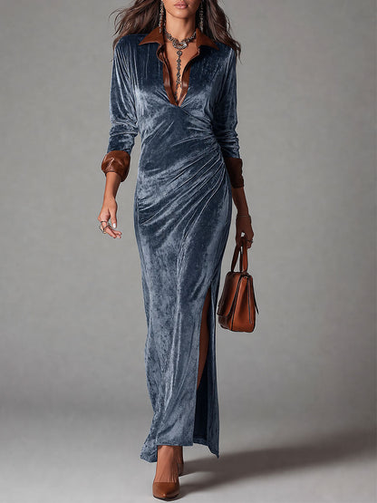 Elegant Velvet High Slit Maxi Dress With Eco-friendly PU Paneling