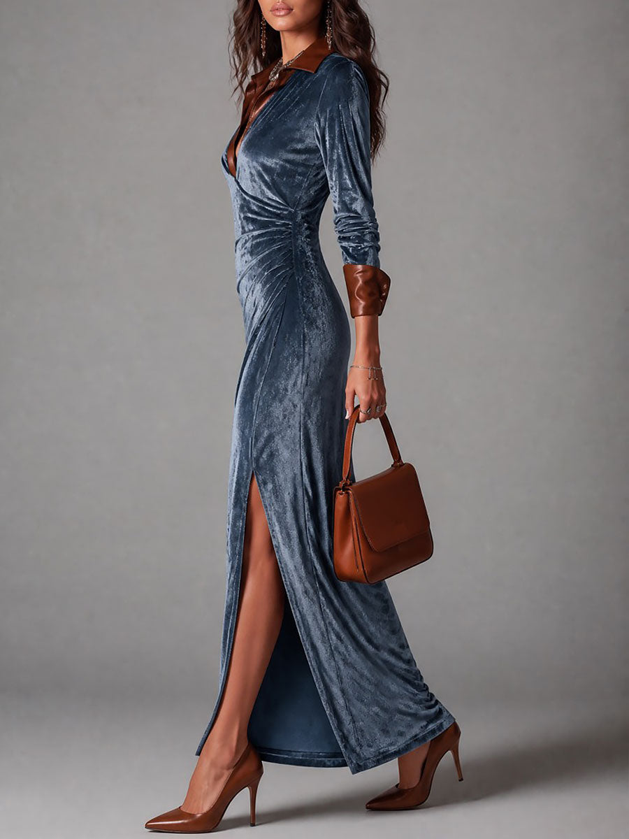 Elegant Velvet High Slit Maxi Dress With Eco-friendly PU Paneling