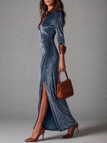 Elegant Velvet High Slit Maxi Dress With Eco-friendly PU Paneling