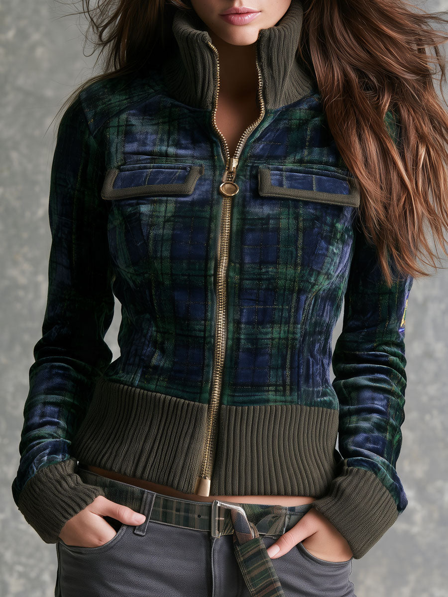 Retro High Rib Collar Green Navy Plaid Velvet Jacket