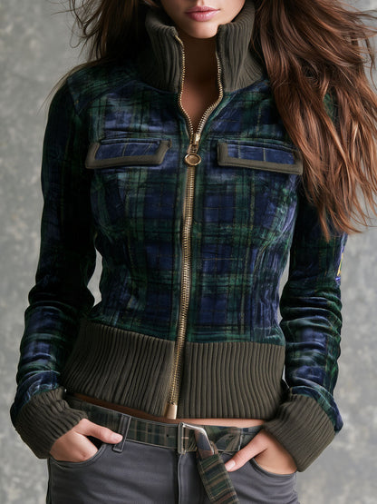 Retro High Rib Collar Green Navy Plaid Velvet Jacket