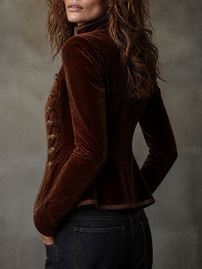 Velvet Military Style Jacket With Brass Button Trim