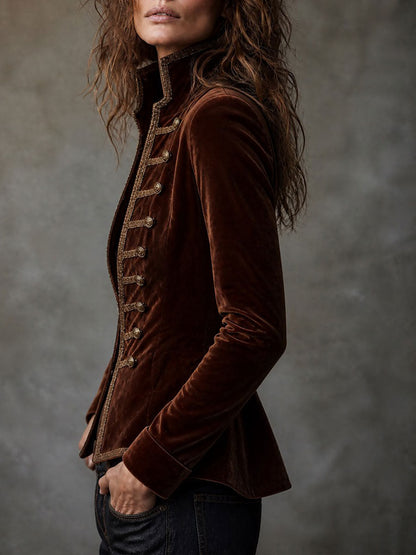 Velvet Military Style Jacket With Brass Button Trim