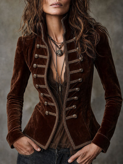 Velvet Military Style Jacket With Brass Button Trim