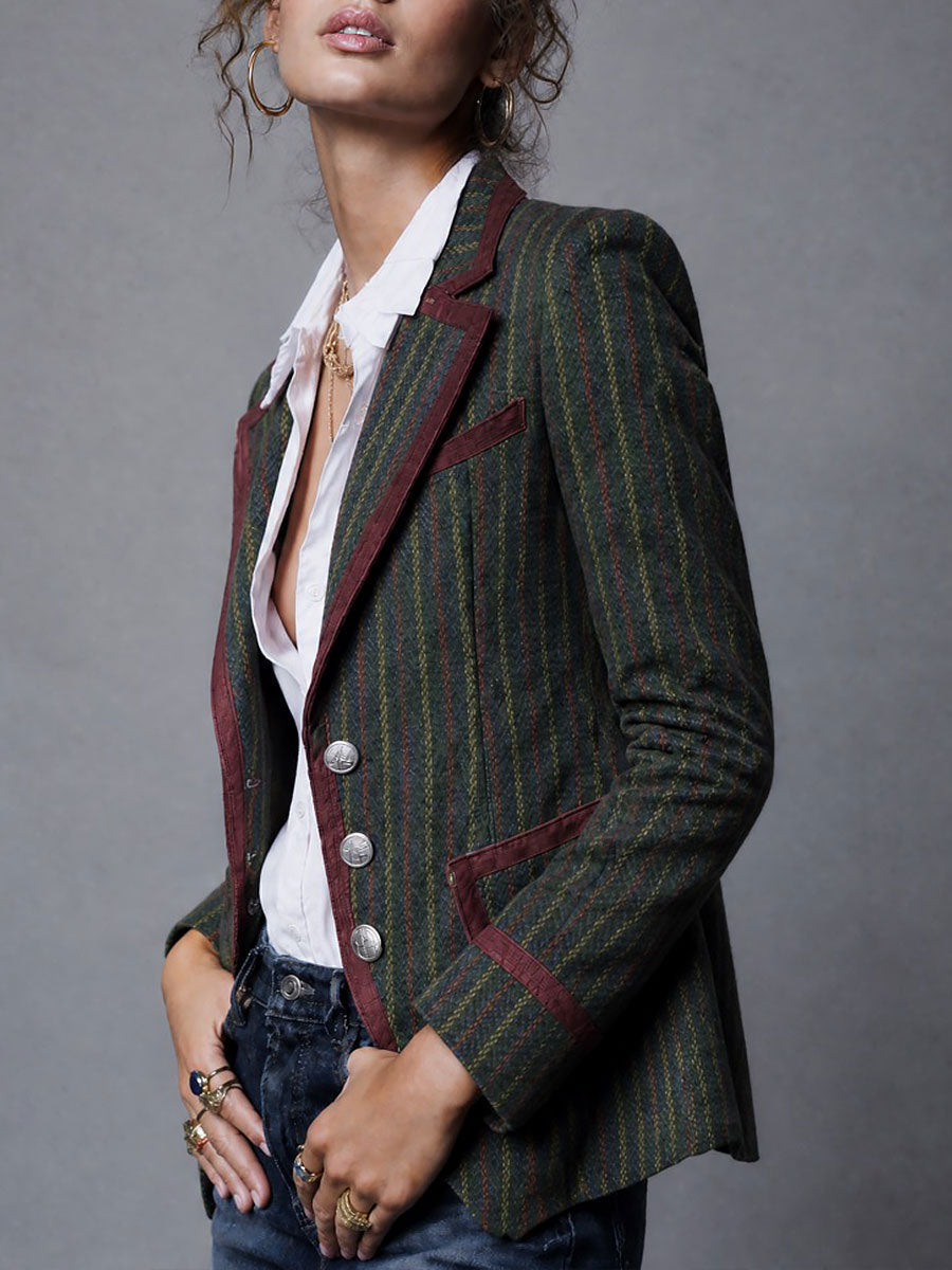 Retro Striped Wool Blazer With Contrast Trim Piping