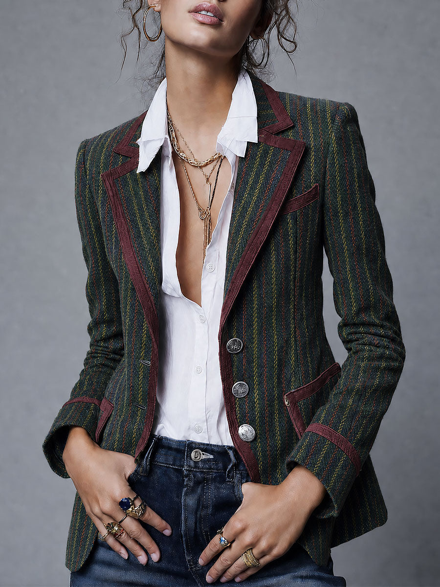 Retro Striped Wool Blazer With Contrast Trim Piping