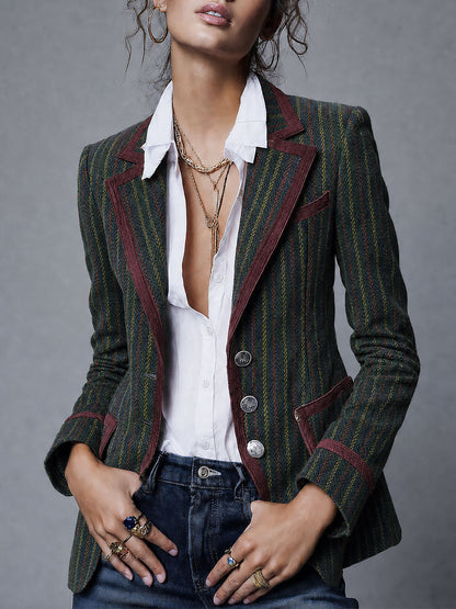 Retro Striped Wool Blazer With Contrast Trim Piping