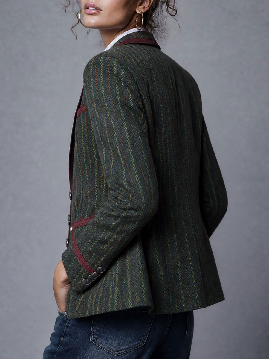 Retro Striped Wool Blazer With Contrast Trim Piping