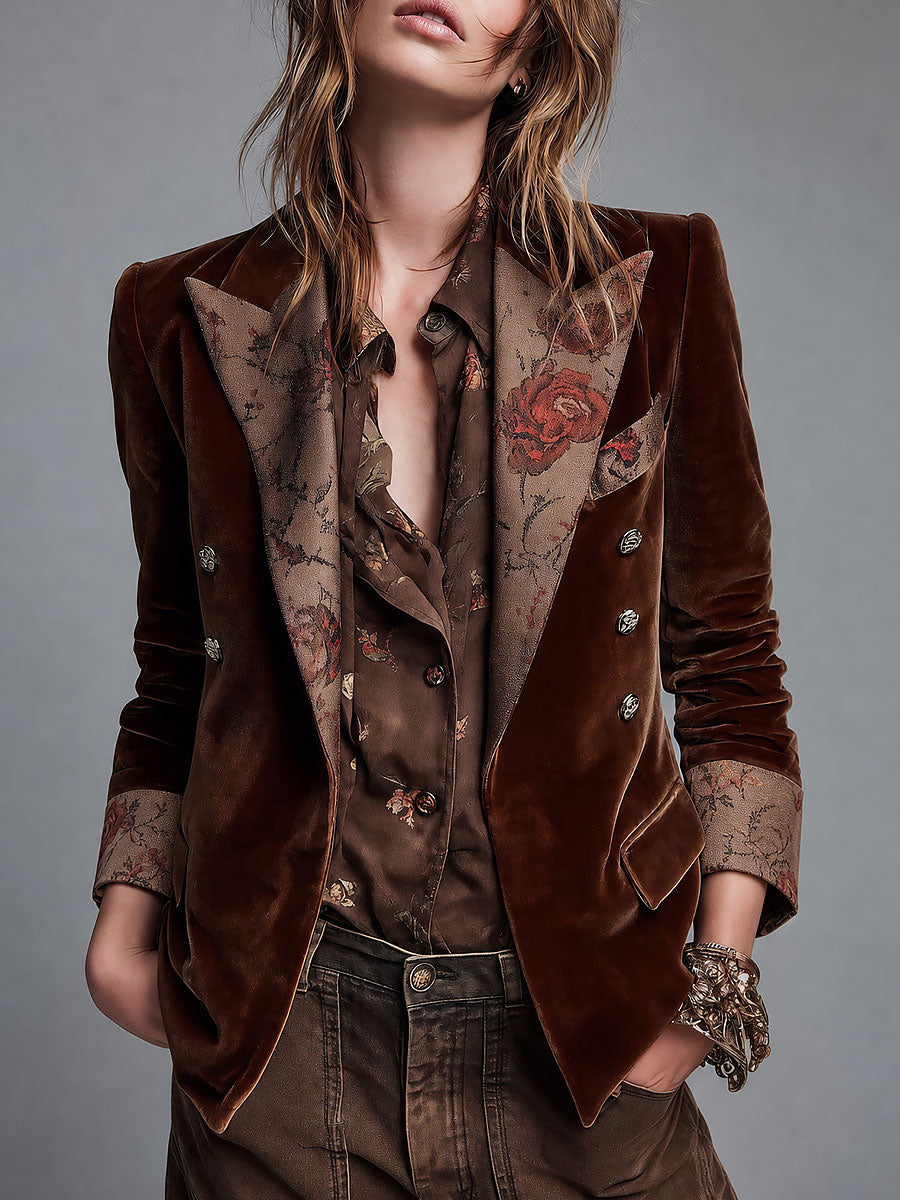Boho Brown Velvet Double-Breasted Blazer With Floral Print Contrast Lapel