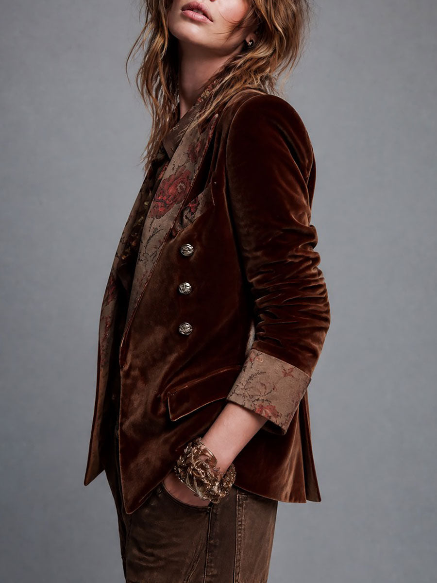 Boho Brown Velvet Double-Breasted Blazer With Floral Print Contrast Lapel