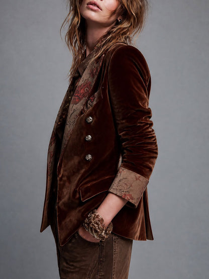 Boho Brown Velvet Double-Breasted Blazer With Floral Print Contrast Lapel