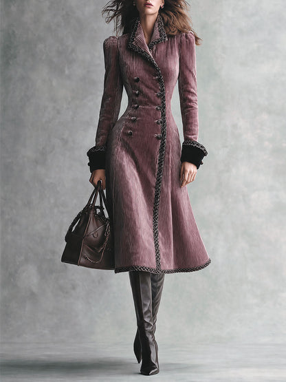 Retro Corduroy Double-Breasted Long Coat with Chain Trim