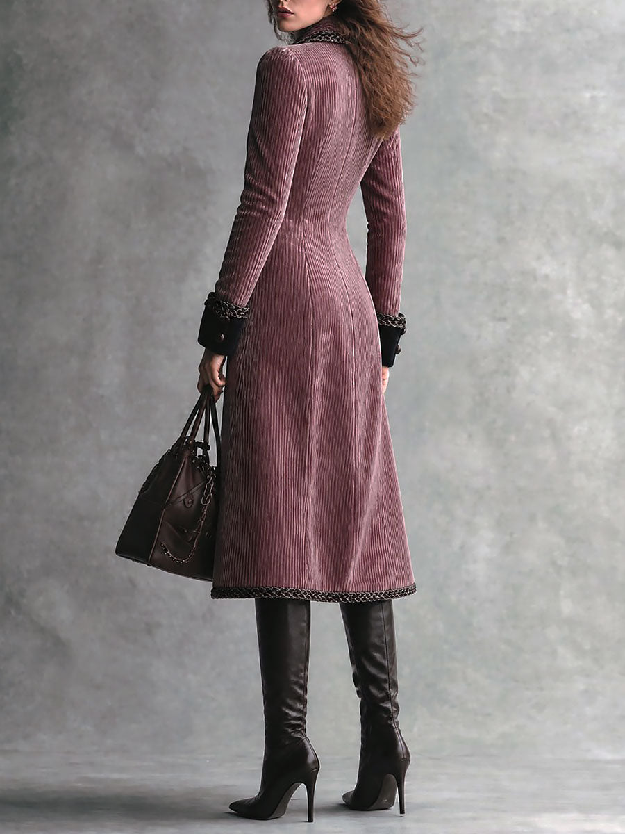 Retro Corduroy Double-Breasted Long Coat with Chain Trim