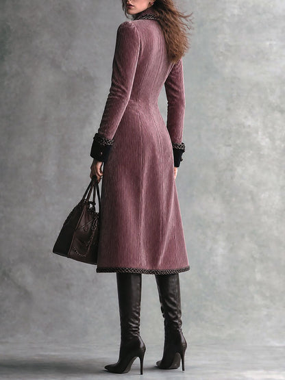 Retro Corduroy Double-Breasted Long Coat with Chain Trim
