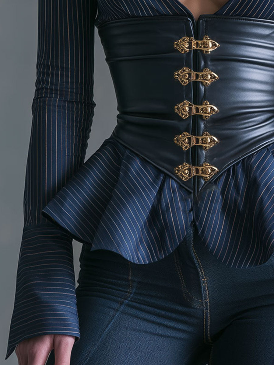 Retro Victorian Navy Pinstripe Shirt With PU Leather Corset