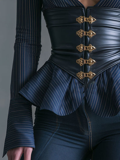Retro Victorian Navy Pinstripe Shirt With PU Leather Corset