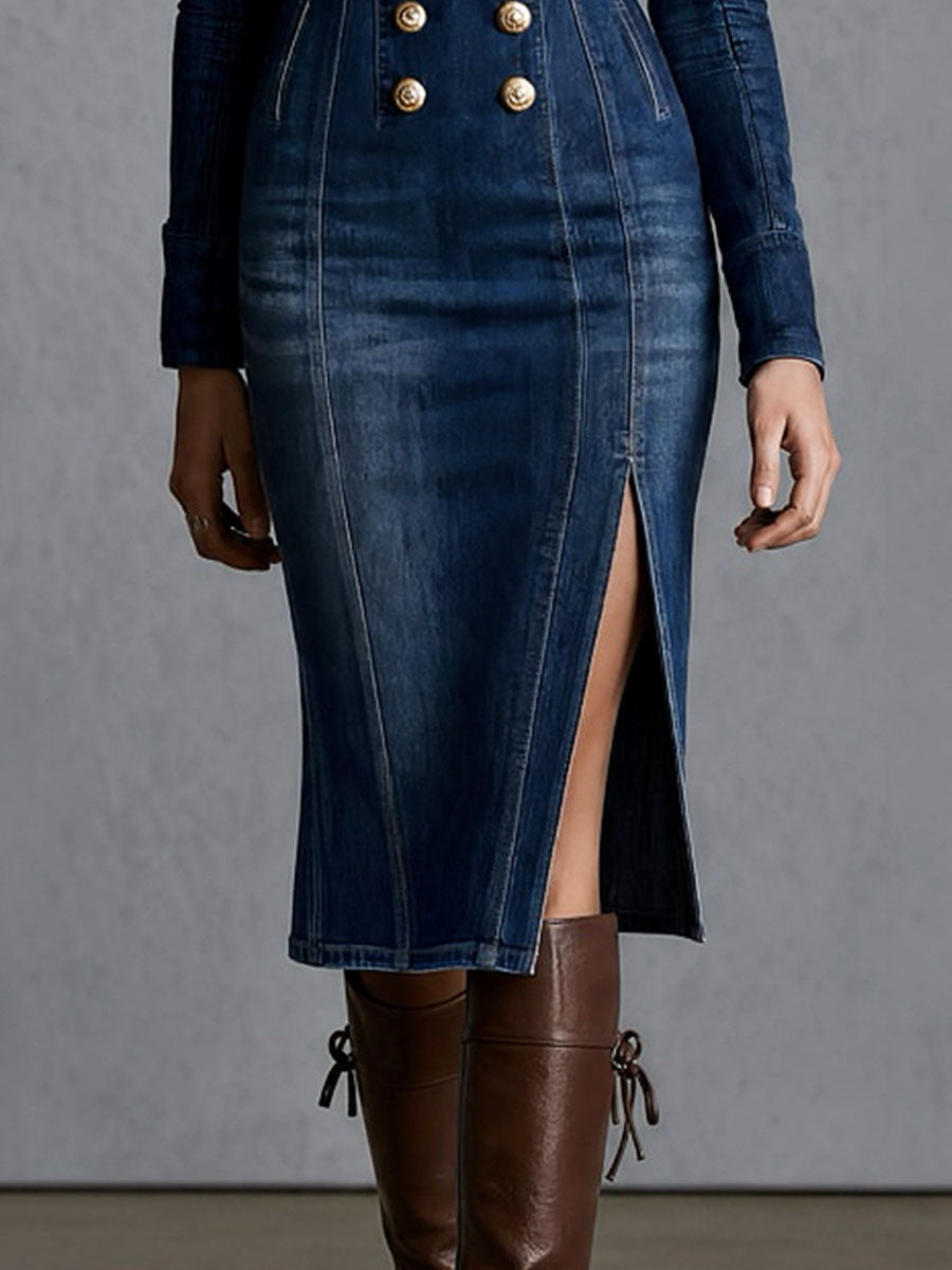 Western Retro Double Breasted Denim Midi Dress With Side Slit