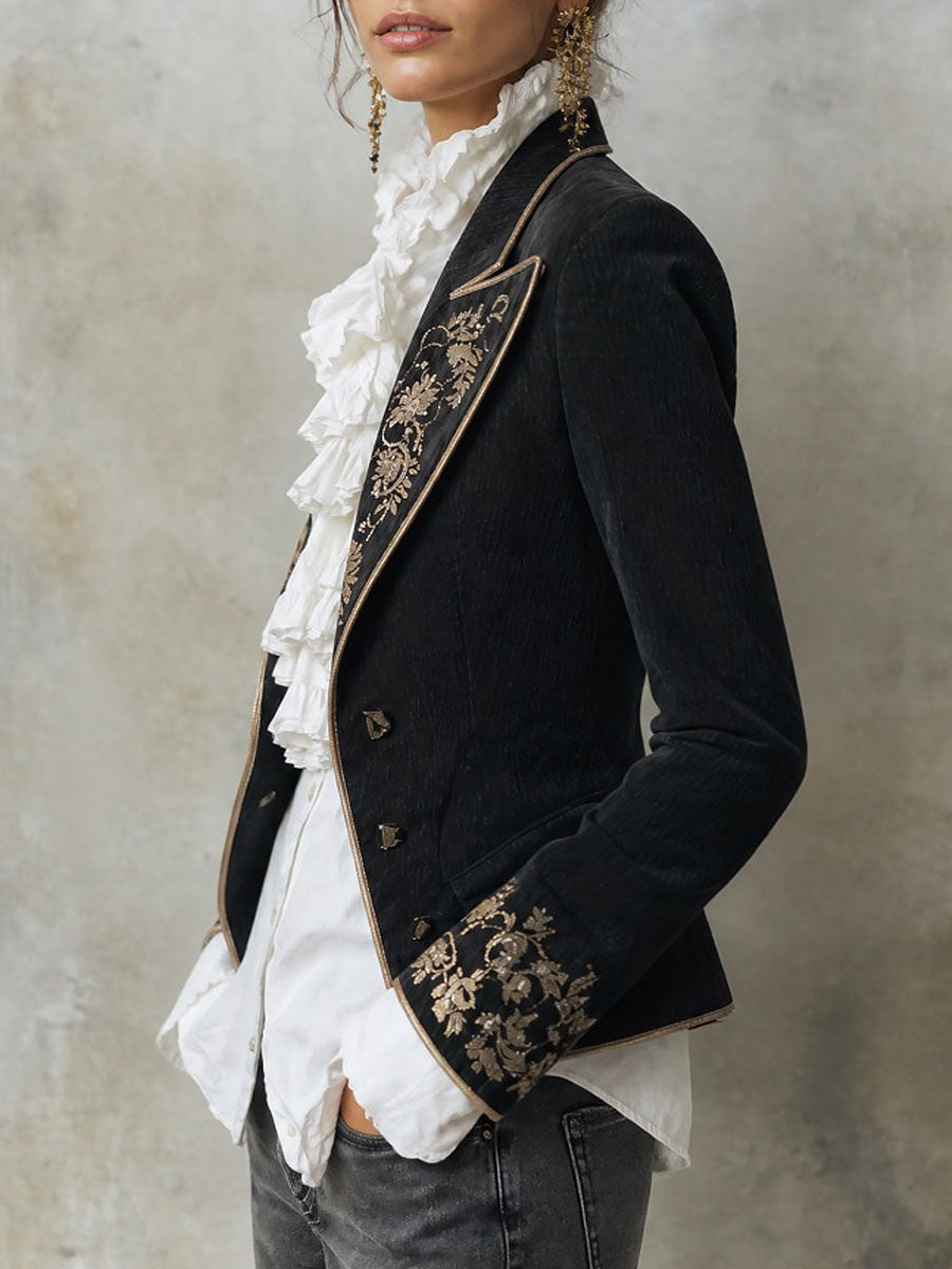 Quiet Luxury Embroidered Blazer With Gold Floral Detailing