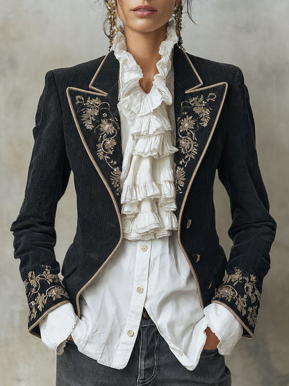 Quiet Luxury Embroidered Blazer With Gold Floral Detailing
