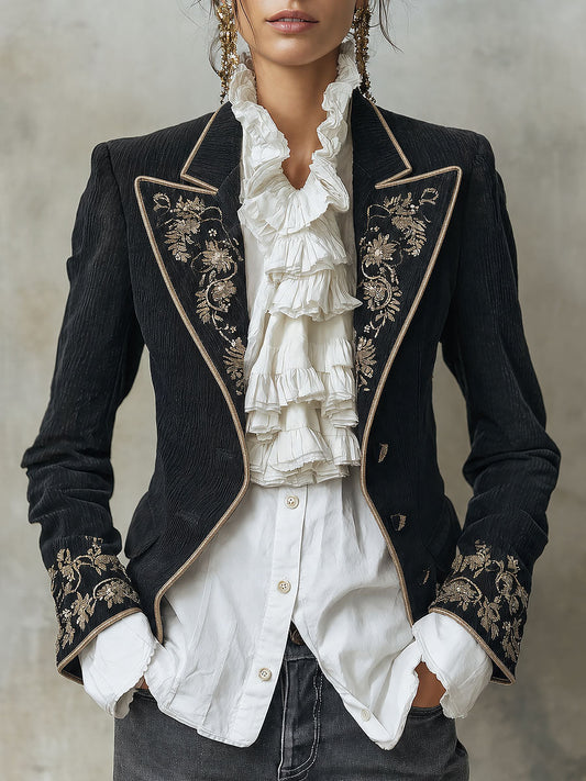 Quiet Luxury Embroidered Blazer With Gold Floral Detailing