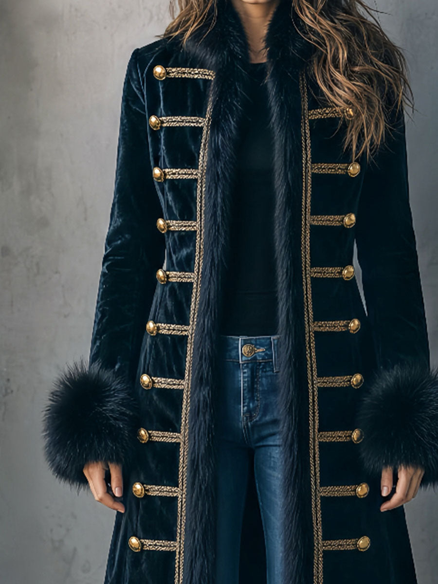 Retro Faux Fur Trim Double-Breasted Velvet Long Peacoat