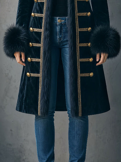 Retro Faux Fur Trim Double-Breasted Velvet Long Peacoat