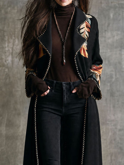 Vintage Boho Black Microsuede Floral Lapel Long Duster Jacket