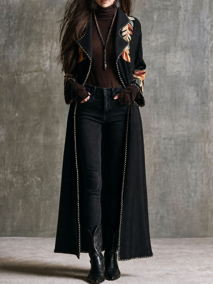 Vintage Boho Black Microsuede Floral Lapel Long Duster Jacket