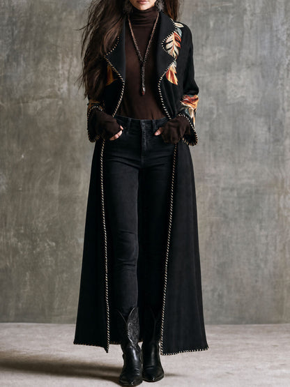 Vintage Boho Black Microsuede Floral Lapel Long Duster Jacket