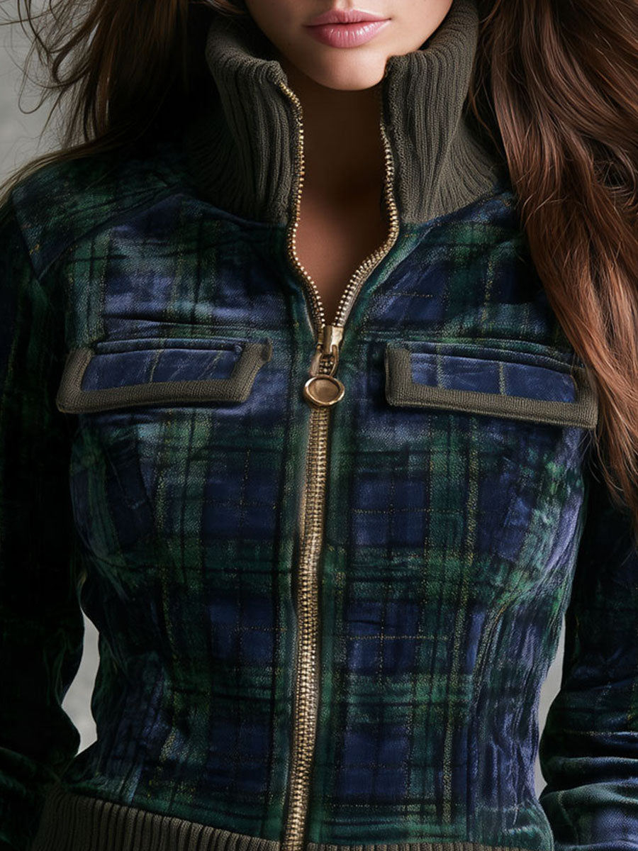 Retro High Rib Collar Green Navy Plaid Velvet Jacket