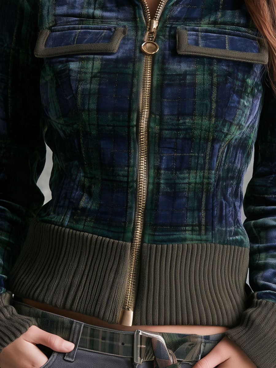 Retro High Rib Collar Green Navy Plaid Velvet Jacket