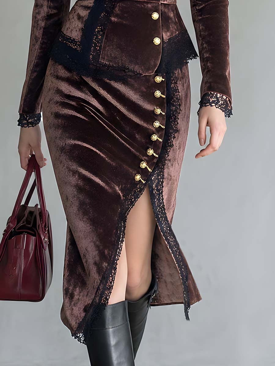 Vintage Lace Trim Asymmetrical Placket Polyester Velvet Set