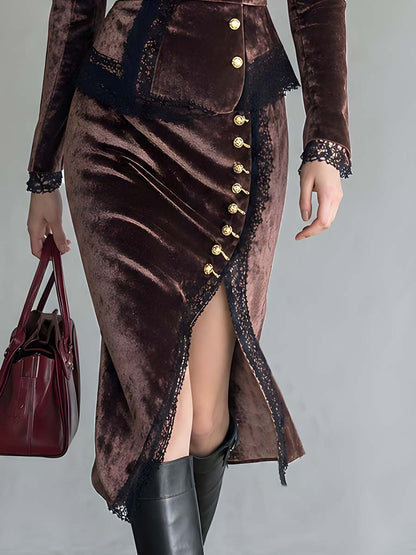 Vintage Lace Trim Asymmetrical Placket Polyester Velvet Set