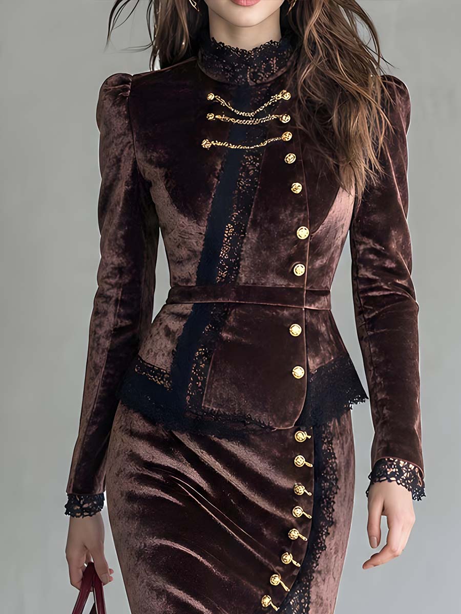 Vintage Lace Trim Asymmetrical Placket Polyester Velvet Set