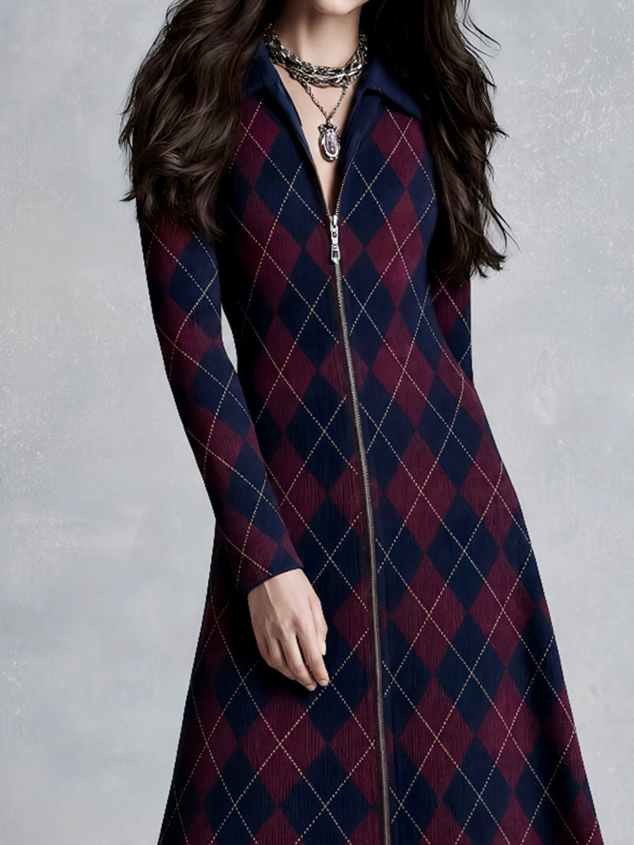 Vintage Navy Burgundy Argyle Knit Full Zip Midi Dress