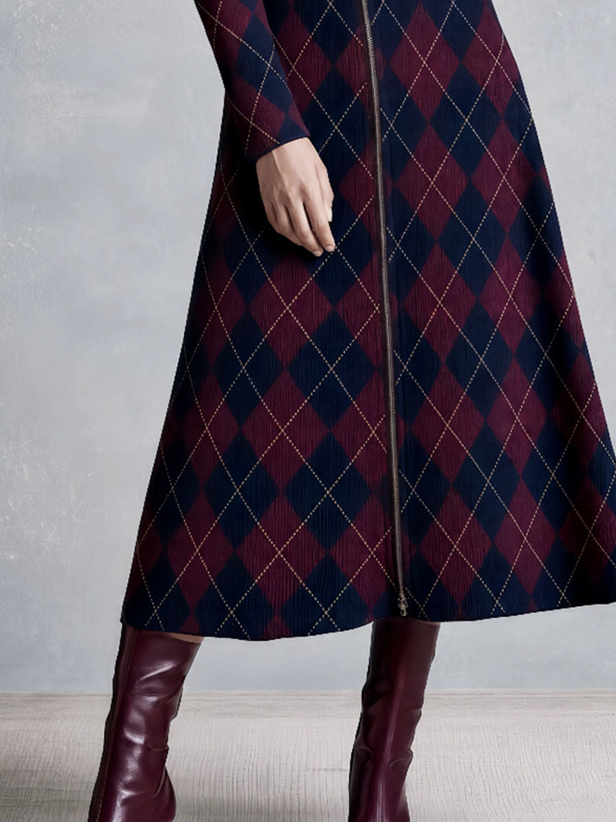 Vintage Navy Burgundy Argyle Knit Full Zip Midi Dress