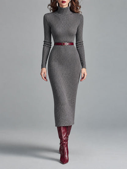 Elegant High Neck Ribbed-knit Slim-fit Midi Dress With Belt