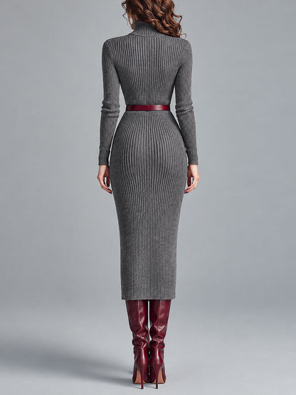 Elegant High Neck Ribbed-knit Slim-fit Midi Dress With Belt