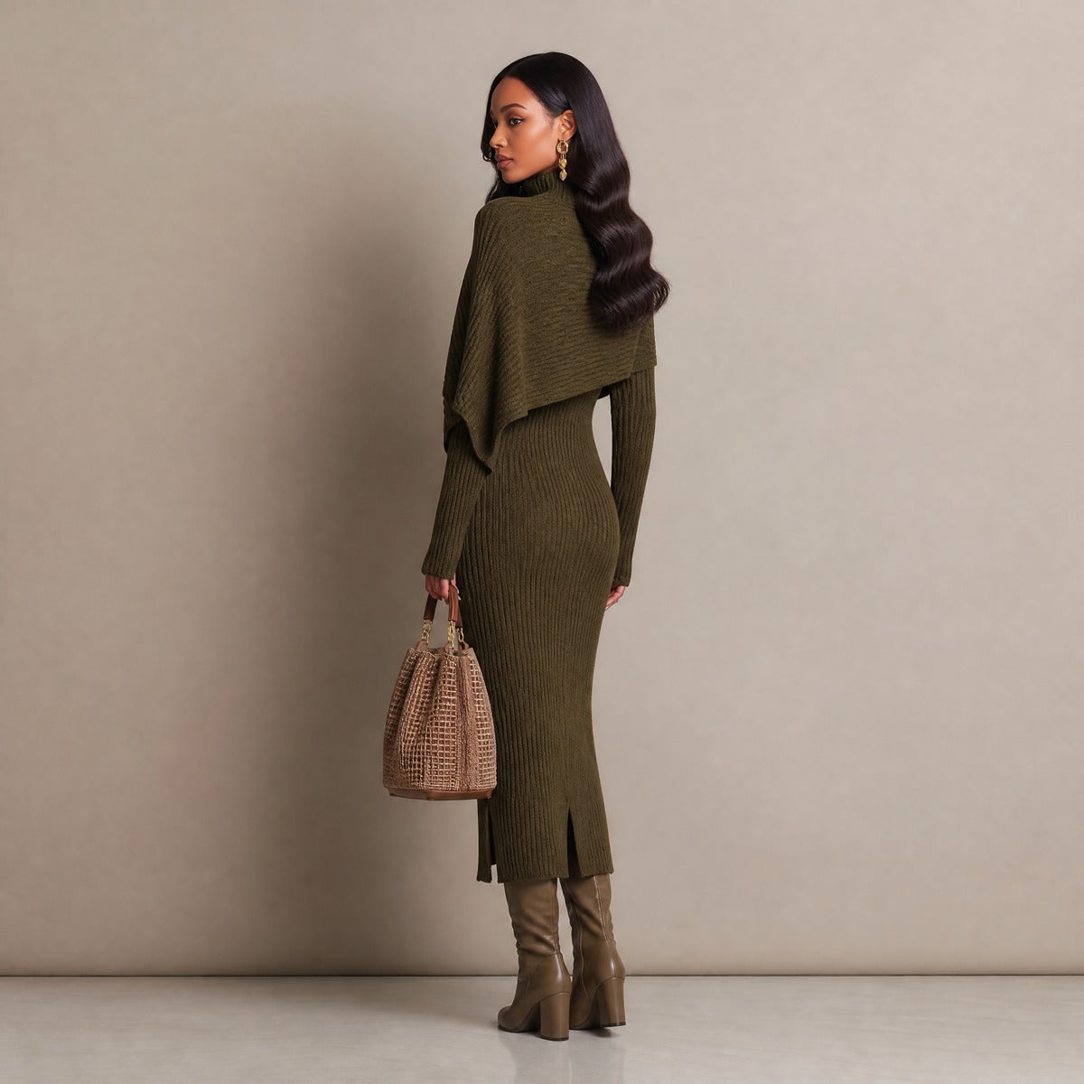 Asymmetric Button Turtleneck Cape Sleeve Ribbed Knit Sweater Midi Dress
