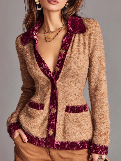 Vintage Fuzzy Knit Cardigan with Velvet Trim Contrast Collar
