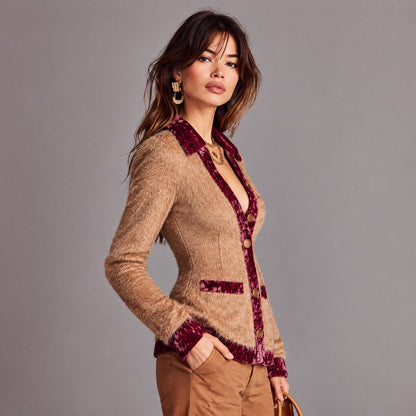 Vintage Fuzzy Knit Cardigan with Velvet Trim Contrast Collar