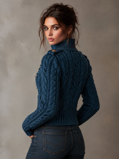 Vintage Military Style Cable Knit Zip-Up Cardigan with Button Detail