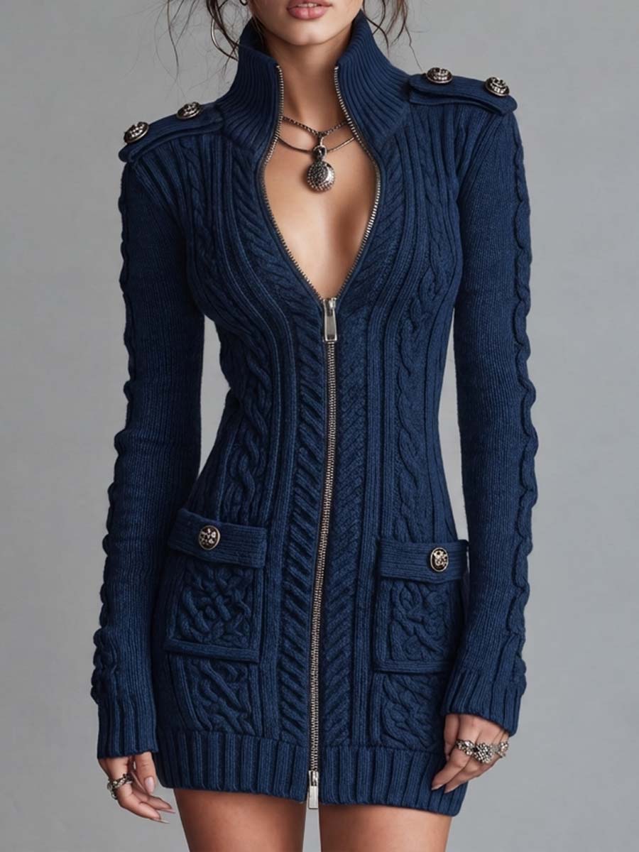 Vintage Military Style Cable Knit Zip-Up Sweater Dress with Button Detail