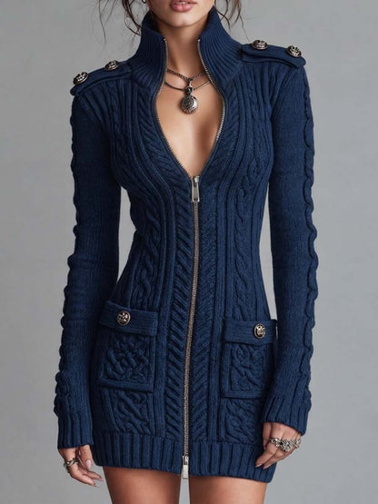 Vintage Military Style Cable Knit Zip-Up Sweater Dress with Button Detail
