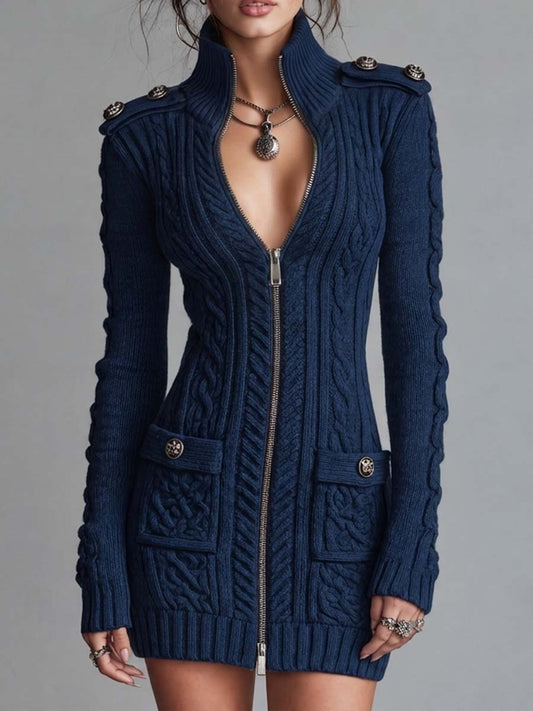 Vintage Military Style Cable Knit Zip-Up Sweater Dress with Button Detail
