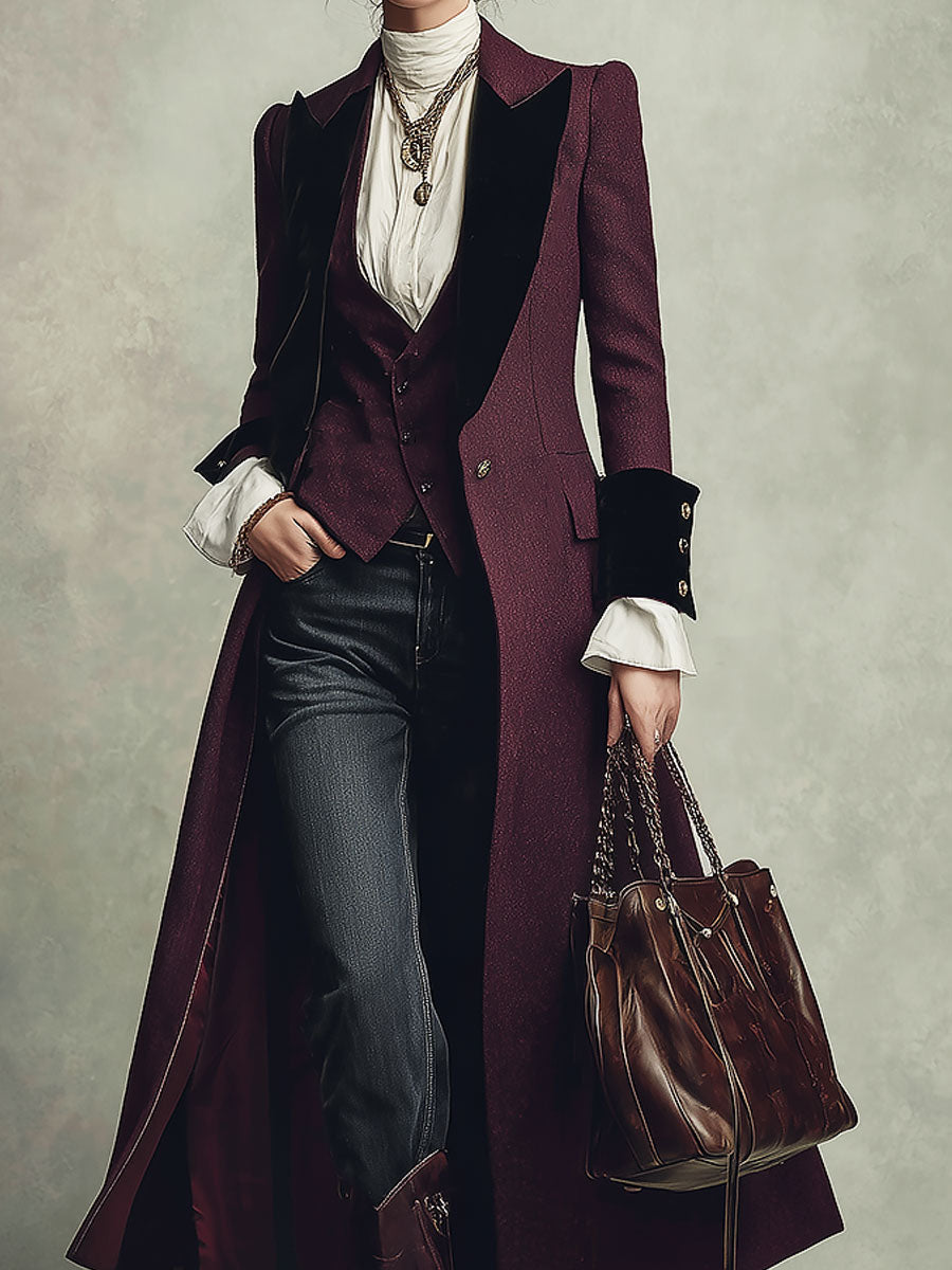 Vintage-style Slim-fit Midi Wool Coat With Velvet-paneled Lapels